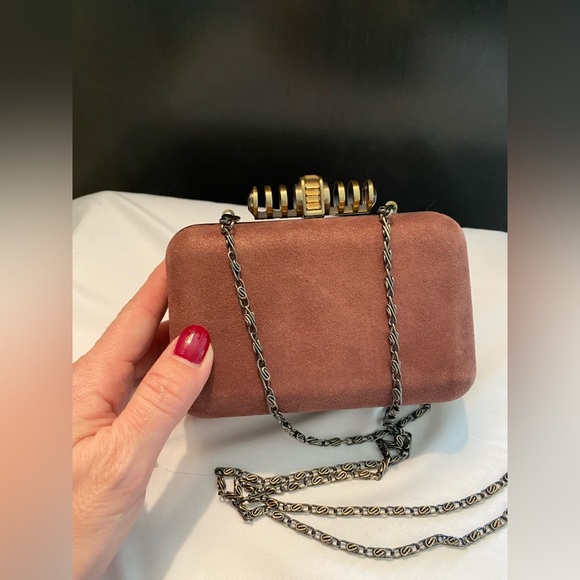 C WONDER Rust Mauve Pink Suede Gold Hard Clutch w Chain - Picture 3 of 8